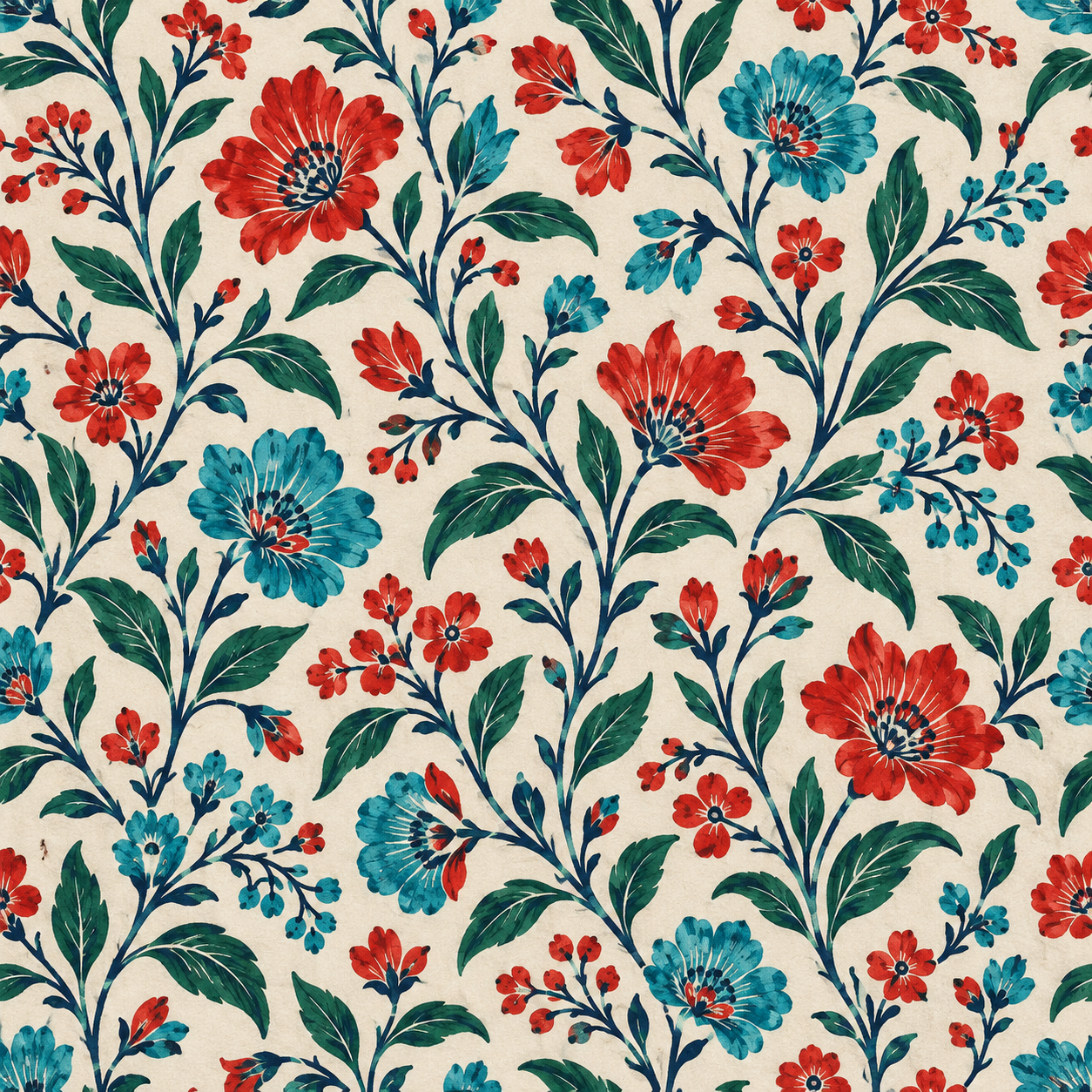 Ejemplo de estampado con flores rojas y turquesa y hojas verdes sobre fondo claro